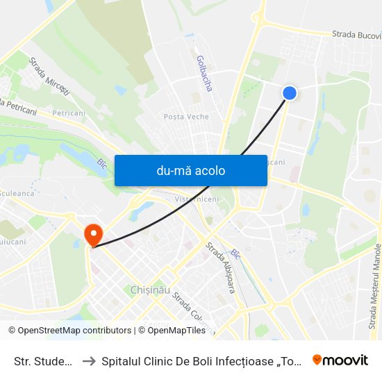 Harta de Str. Studenților către Spitalul Clinic De Boli Infecțioase „Toma Ciorbă”