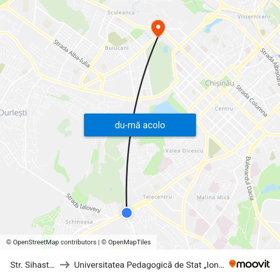 Harta de Str. Sihastrului către Universitatea Pedagogică de Stat „Ion Creangă”