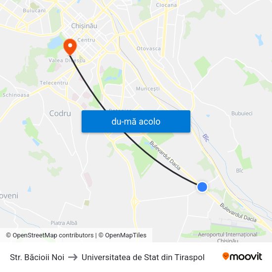 Harta de Str. Băcioii Noi către Universitatea de Stat din Tiraspol