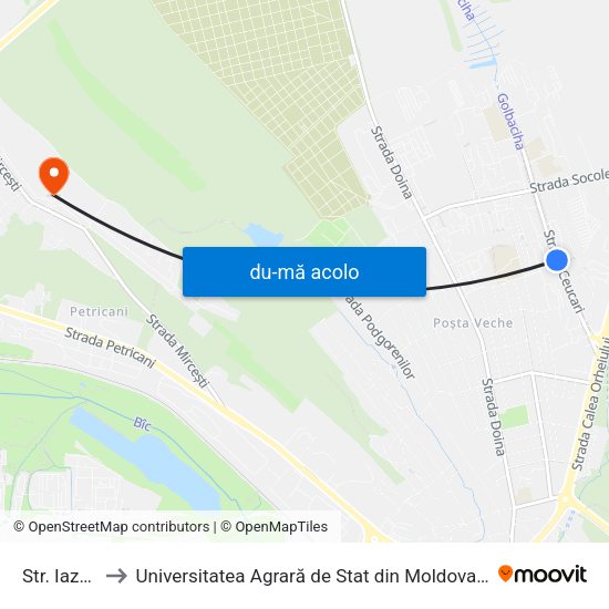 Harta de Str. Iazului către Universitatea Agrară de Stat din Moldova (UASM)